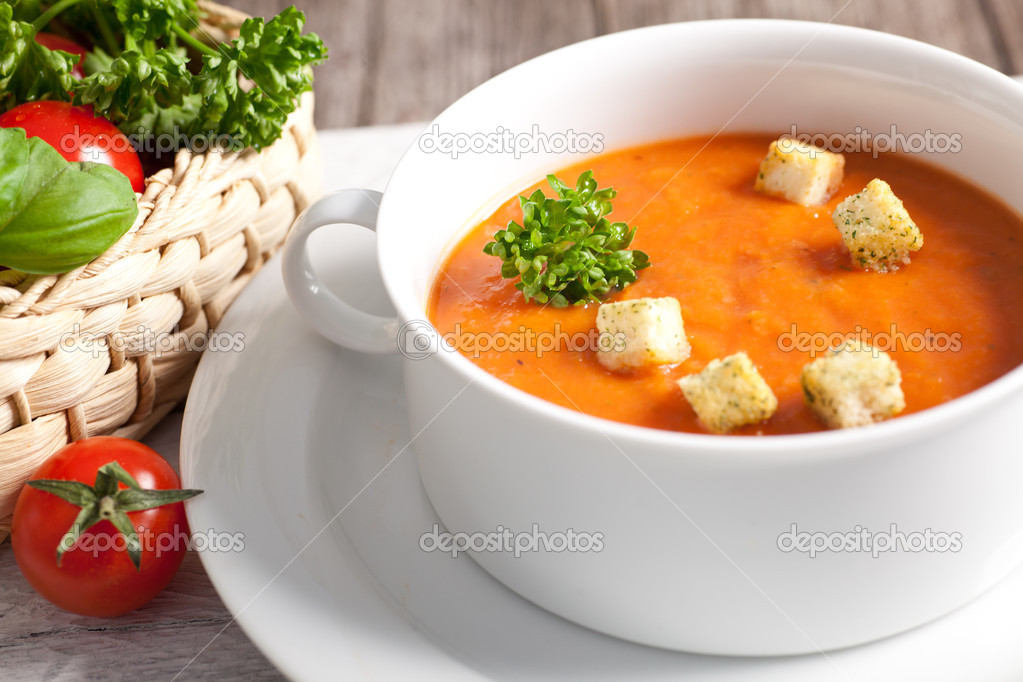 Delicious pumpkin soup with crispy croutons