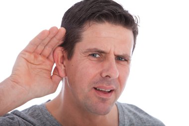 Man with impaired hearing struggling to hear clipart