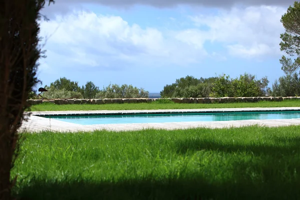 Piscina in un rigoglioso giardino in campagna — Foto Stock