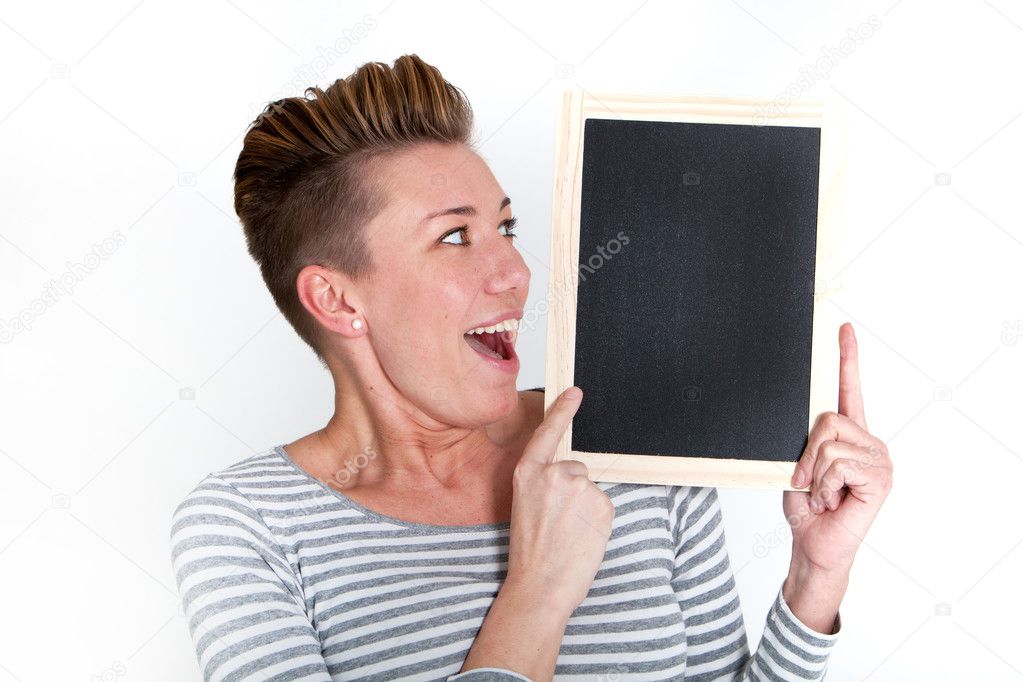 Excited woman looking at a blank tablet