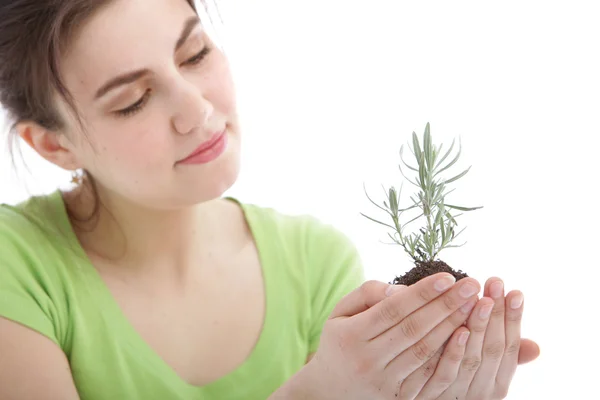 Schöne Frau hält eine junge Pflanze in der Hand — Stockfoto