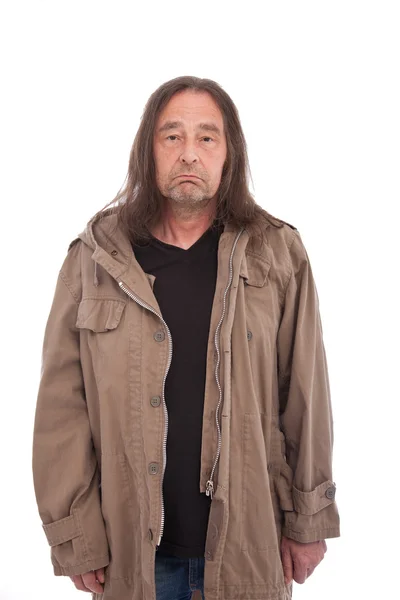 Old Man in Trench Coat Frowning — Stock Photo, Image