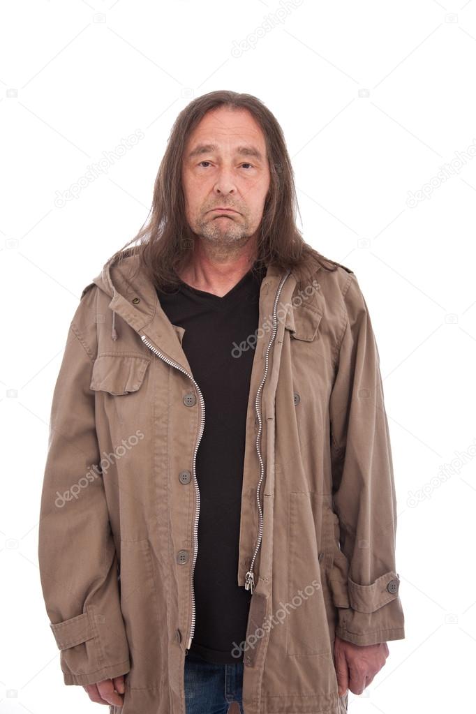 Old Man in Trench Coat Frowning