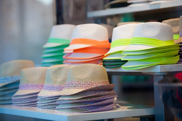 Trendy hats with colorful ribbons for sale — Stock Photo, Image