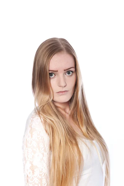 Serious Long Hair Woman Looking at Camera — Stock Photo, Image