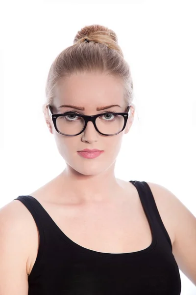 Serious Lady in Black Sleeveless and Glasses — Stock Photo, Image