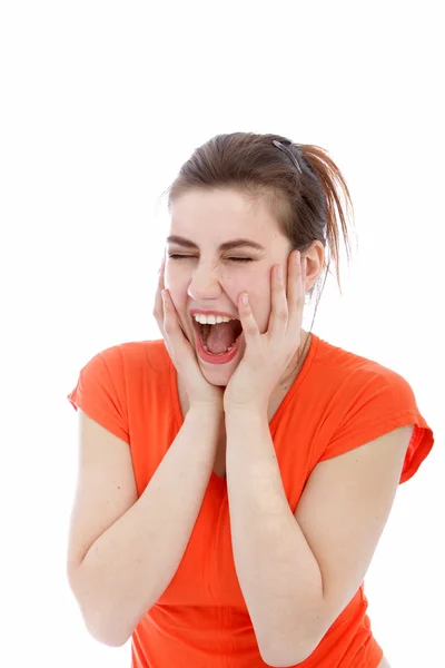 Very Happy Young Woman in Orange Shirt — Stock Photo, Image