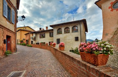 eski evleri ve dar sokak. Barolo, İtalya.