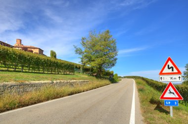 üzüm bağları arasında yol. Piedmont, İtalya.