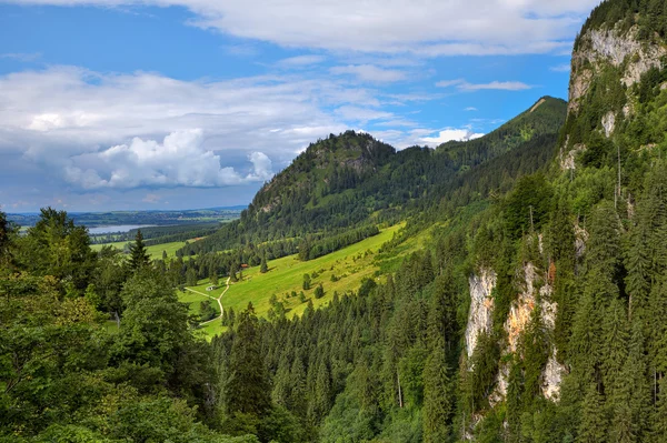 Grüne Wiese zwischen Bergen in Bayern, Deutschland. — Stockfoto