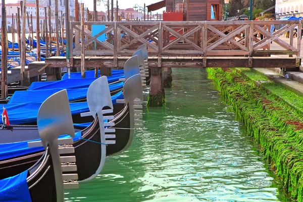 Gondolas amarradas en fila en el Gran Canal de Venecia . — Foto de Stock