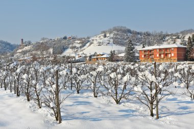 piedmont, İtalya karla kaplı kırsal çiftlik.