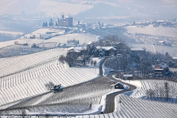 Road through wintry hills and vineyards in Italy. — Stock Photo, Image