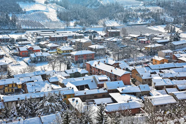 Small town covered with snow in Piedmont, Italy. — Stock Photo, Image