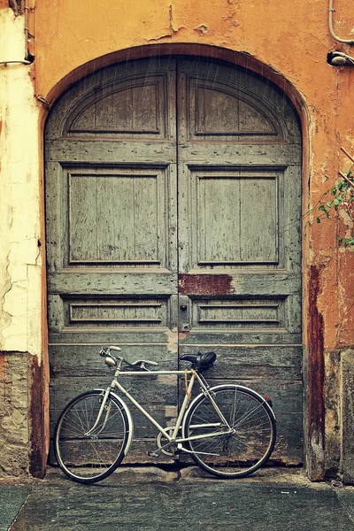 Bicicleta contra puerta de madera vieja . —  Fotos de Stock