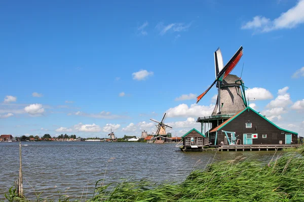 Wooden windmills in dutch village. — Stock Photo, Image