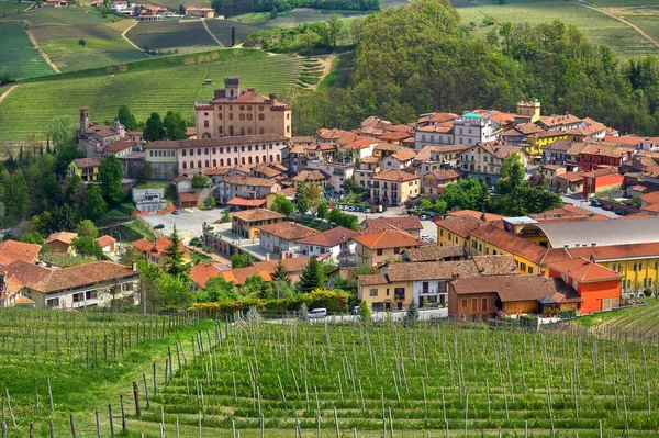 Town of Barolo and green vineyards of Piedmont. Stock Photo