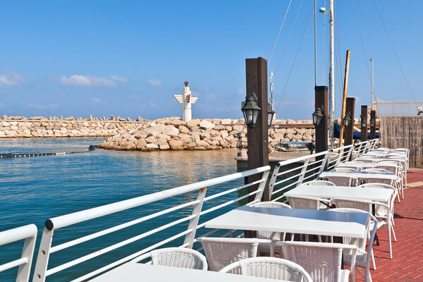 Outdoor restaurant on marina in Ashqelon, Israel.
