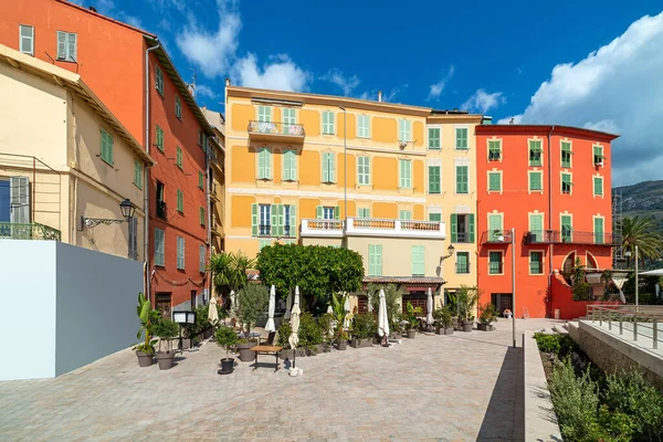 Small Town Square Colorful Residential Houses Blue Sky Menton France — 스톡 사진