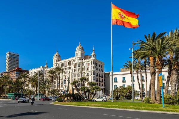 Alicante Spain January 2020 Spanish Flag Waving Blue Sky Placa — Stock Photo, Image