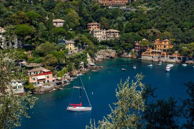 İtalya 'nın Liguria kentindeki Portofino körfezindeki yat ve teknelerin hava manzarası..