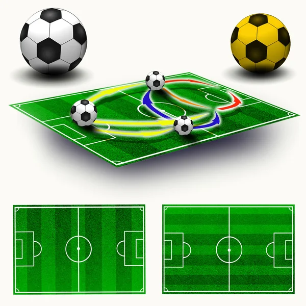 Κολάζ. Ποδόσφαιρο πίνακας τακτική πεδίου, χάρτη από προοπτική γεωμετρία, — Φωτογραφία Αρχείου