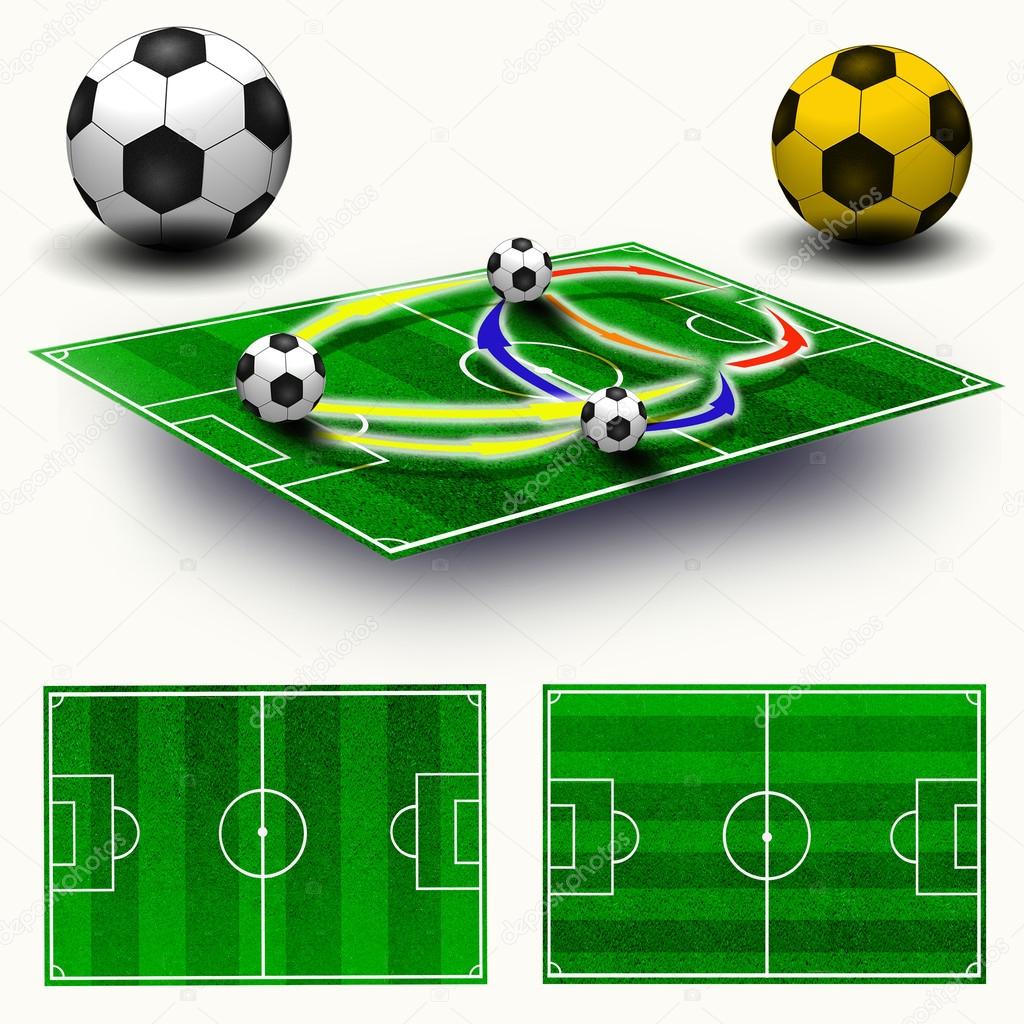Collage. Soccer field tactic table, map on perspective geometry