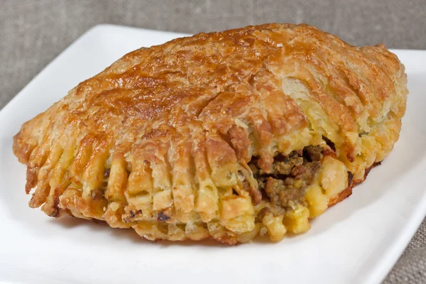 Pasty filled with minced meat on a white plate with beige background — Stock Photo, Image