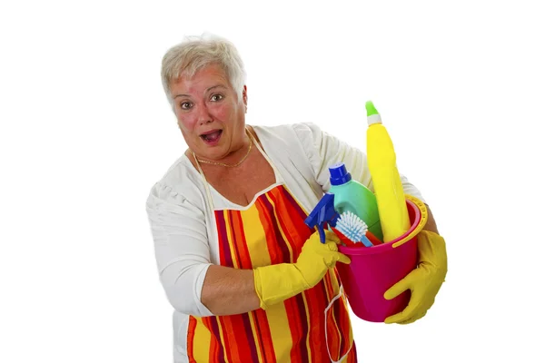 Vrouwelijke senior met het schoonmaken van gebruiksvoorwerpen — Stockfoto