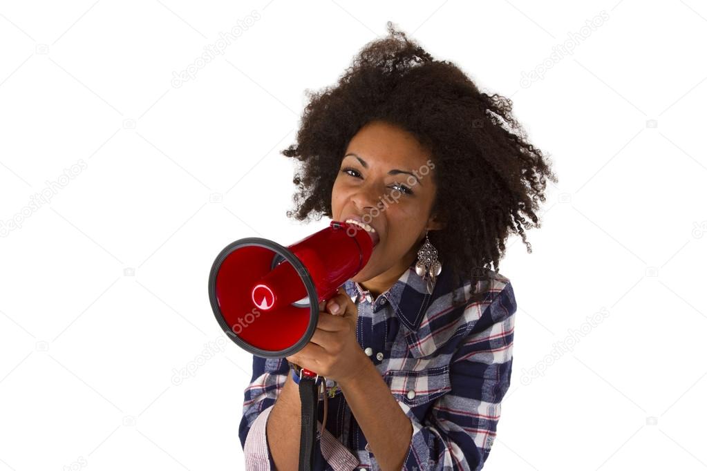 Young african american using megaphone
