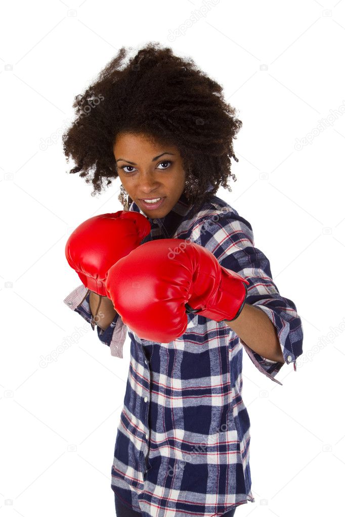 Female afro american with red boxing gloves