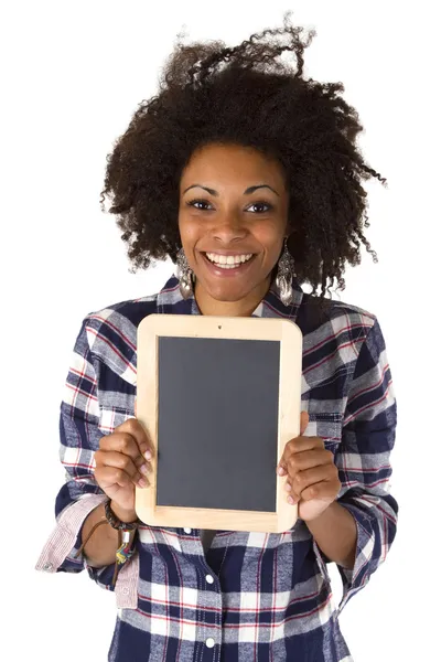 Female afro american with blank chalkboard — Stock Photo, Image