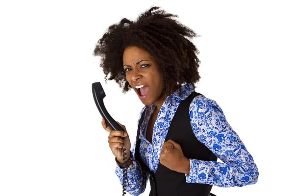 Boos Afrikaanse Amerikaanse vrouw met handset — Stockfoto