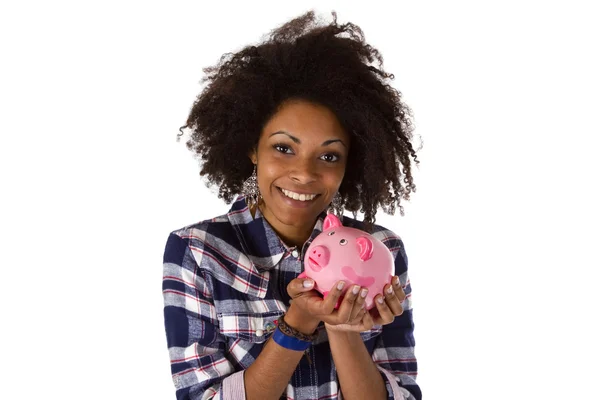 Young african american woman with piggy bank — Stock Photo, Image