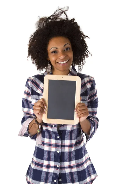 Female afro american with blank chalkboard — Stock Photo, Image