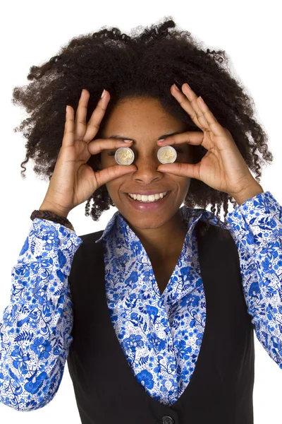 Frau versteckt ihre Augen mit Euromünzen — Stockfoto