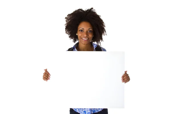 Schöne afroamerikanische Frau mit leerem Whiteboard — Stockfoto