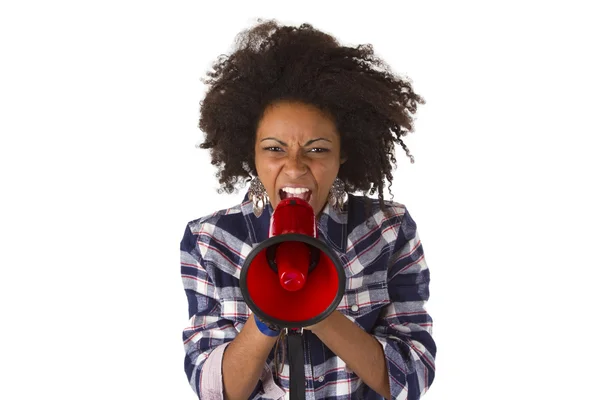 Jovem afro-americana usando megafone — Fotografia de Stock