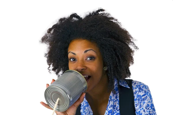 African american woman with can phone — Stock Photo, Image