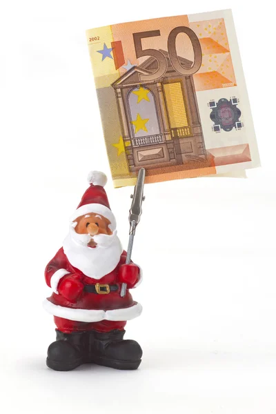 Estatuilla de Santa Claus con cincuenta euros — Foto de Stock