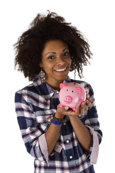 Young african american woman with piggy bank