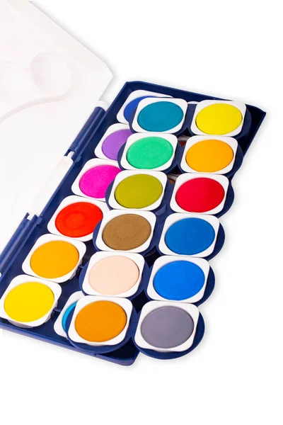 Nieuwe Paintbox Met Set Aquarellen Geïsoleerd Witte Achtergrond — Stockfoto