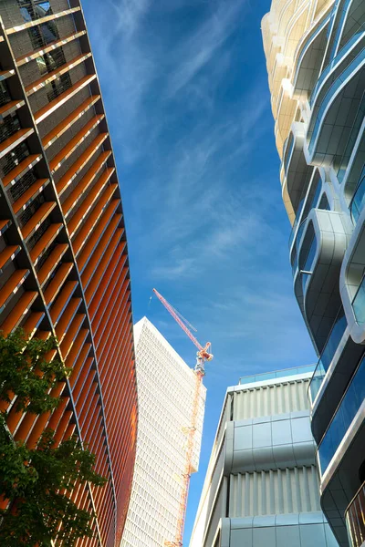 Moderne Architektur Aus Wolkenkratzer Frankfurt Hessen Einem Sonnigen Tag — Stockfoto