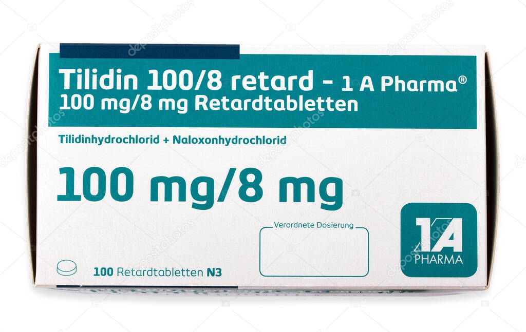 HUETTENBERG, ALEMANIA 20220202 Caja de medicina analgésica TILIDINA. Tilidin es un