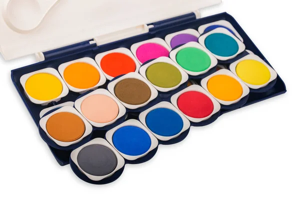 Nova Paintbox Com Conjunto Aquarelas Isoladas Sobre Fundo Branco — Fotografia de Stock