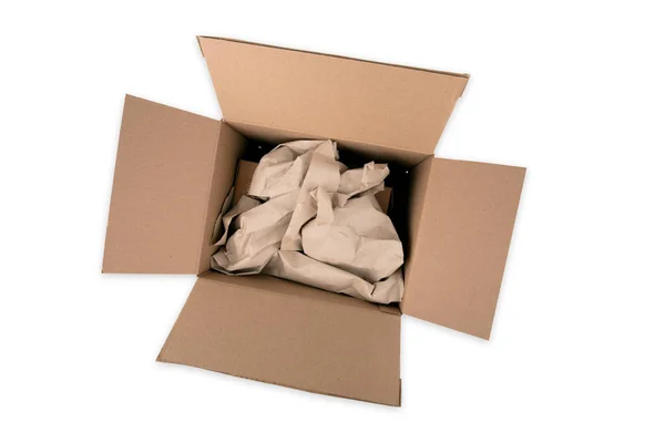 Paket Von Oben Öffnen Mit Packpapier Isoliert Über Weißem Hintergrund — Stockfoto