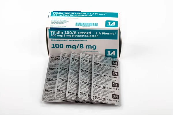 Németország 2022 Tilidin Painkiller Medicine Doboza Buborékcsomagolása Tilidin Fájdalomcsillapító Gyógyszer — Stock Fotó