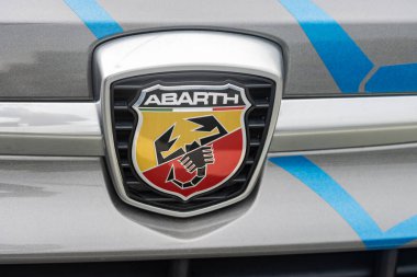 WETZLAR, GERMANY 2022-04-23: ABARTH CAR LOGO. Is a racing car and road car maker founded by Carlo Abarth of Turin in 1949, the logo is a shield with a stylized scorpion.