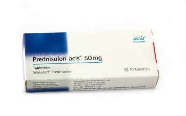 WETZLAR, GERMANY 2022-07-18: Prednisolone Pills 50 mg. Packages of Prednisolon. Prednisolon pills in cardboard box.