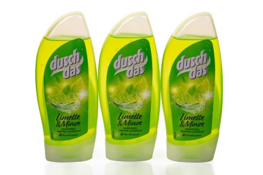 WETZLAR, GERMANY 2022-07-18: Three plastic bottles Duschdas Lime and Mint Shower Gel. Unilever, we've been developing shower gels since 1973.